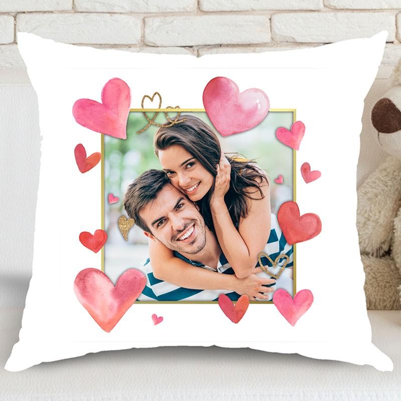 Μαξιλάρι Ροζ και χρυσές Καρδούλες με φωτογραφία