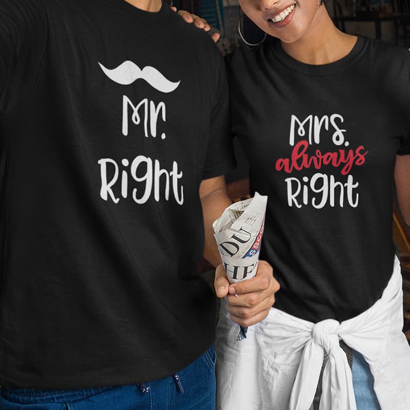 Μαύρο Σετ T-shirt για ζευγάρια με στάμπα Mr Right & Mrs always Right