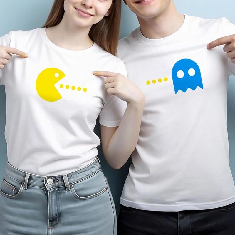 Λευκό Σετ T-shirt για ζευγάρια με στάμπα Pac-man