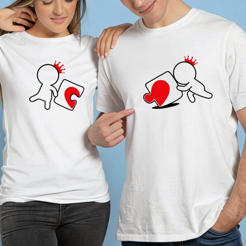Λευκό Σετ T-shirt για ζευγάρια με στάμπα puzzle με καρδιά