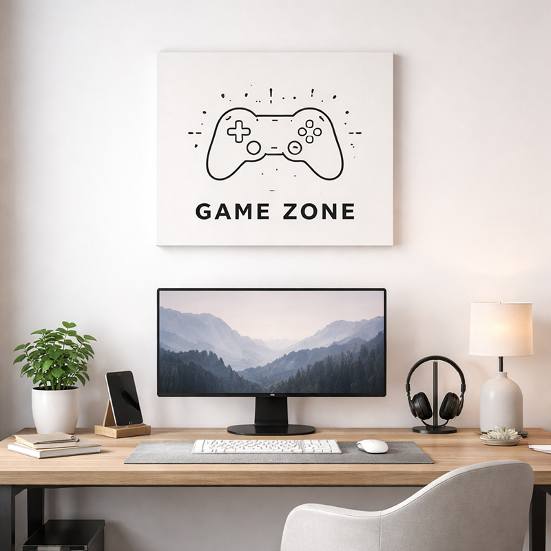 Μοντέρνα διακόσμηση gaming δωματίου με πίνακα σε καμβά που απεικονίζει χειριστήριο, ιδανικό δώρο για gamers.