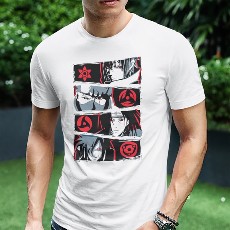 λευκό t-shirt με τους χαρακτήρες του Naruto και Sharingan