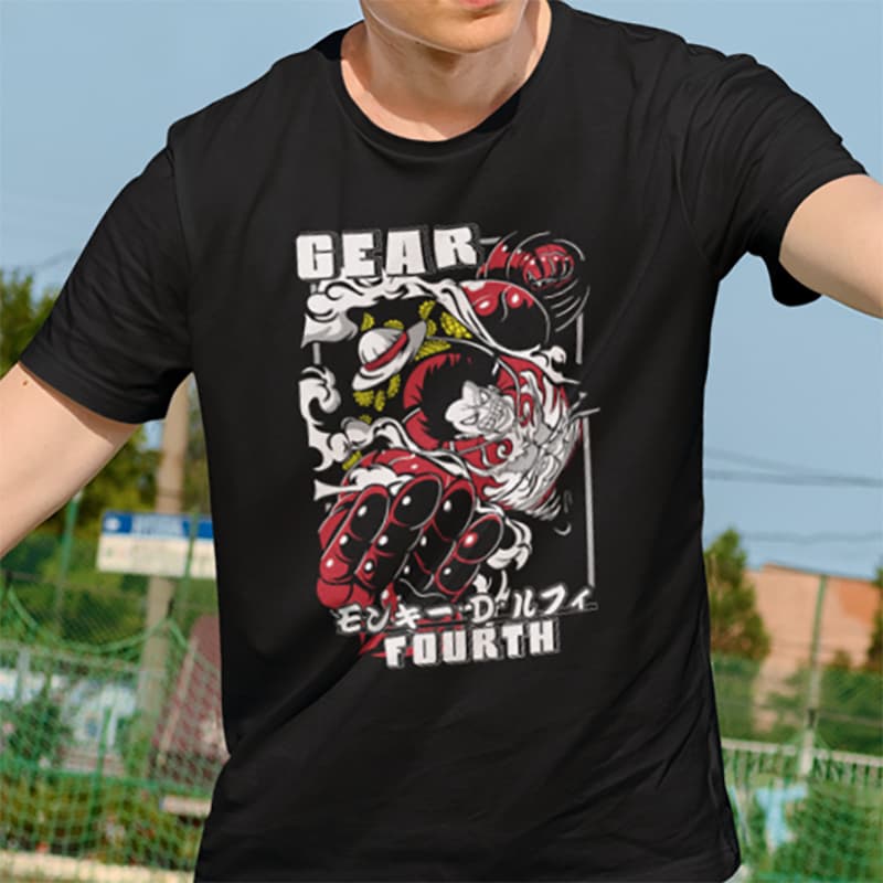 Μαύρο unisex μπλουζάκι με γραφικό του Luffy από το One Piece στη μορφή Gear Fourth, με έντονα κόκκινα χέρια λόγω του Haki, σύννεφα καπνού και την επιγραφή GEAR FOURTH
