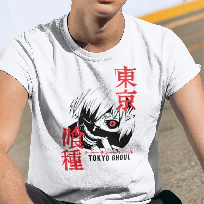 Λευκό unisex t-shirt με στάμπα Tokyo Ghoul Ken Kaneki Mask