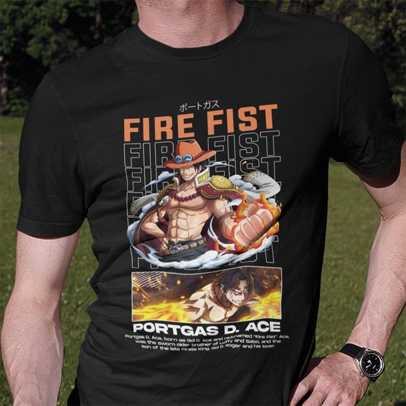 Μαύρο unisex t-shirt με graphic design του Portgas D. Ace "Fire Fist" από το anime One Piece.