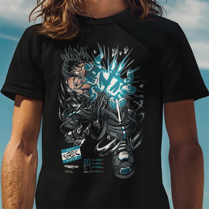 Μαύρο T-shirt με τον Goku από το Dragon Ball σε cyberpunk στυλ, να εκτελεί Kamehameha με μπλε ενέργεια και φουτουριστικά γραφικά στοιχεία.